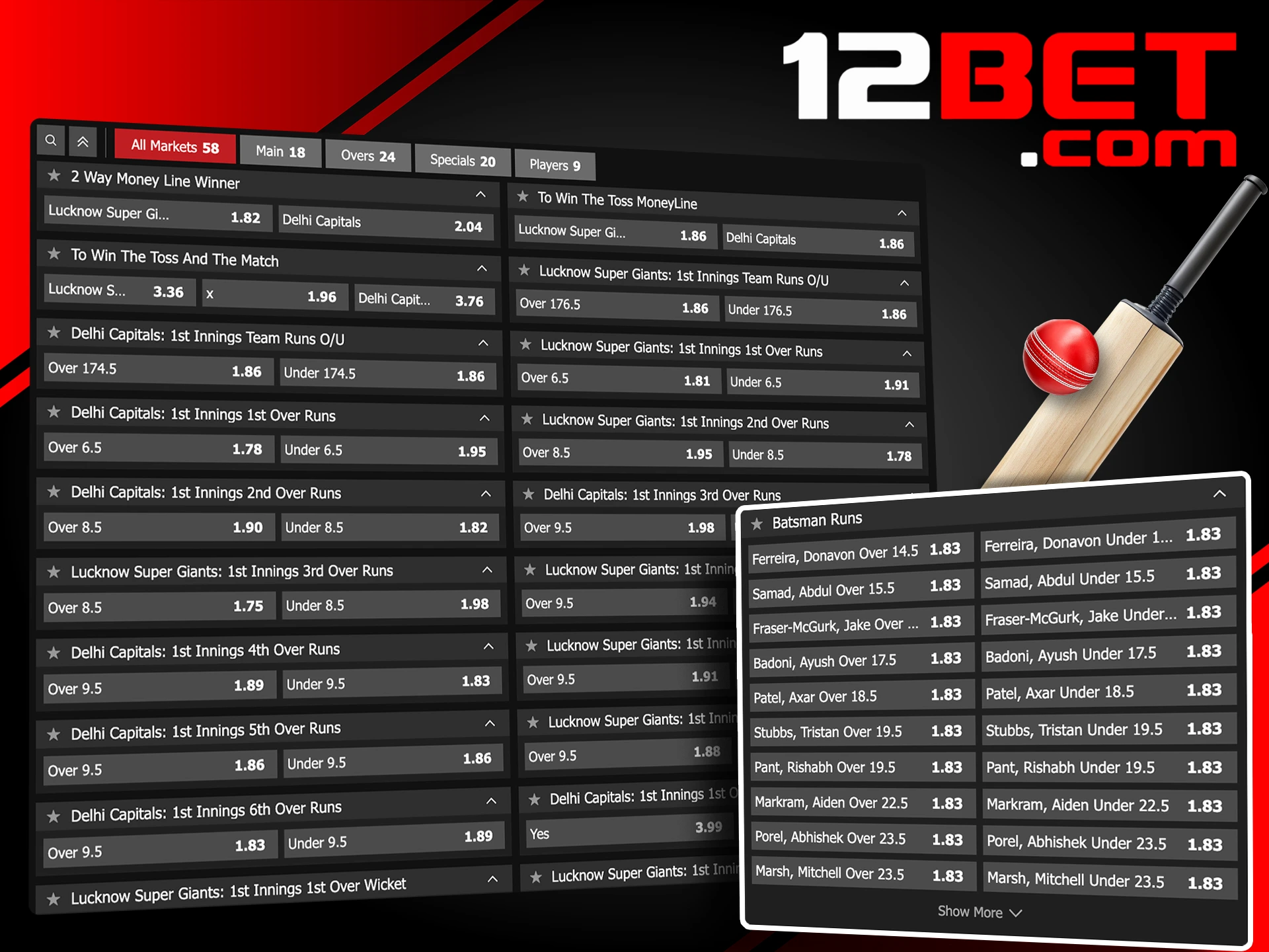 Choose for yourself the type of cricket event betting at 12Bet.