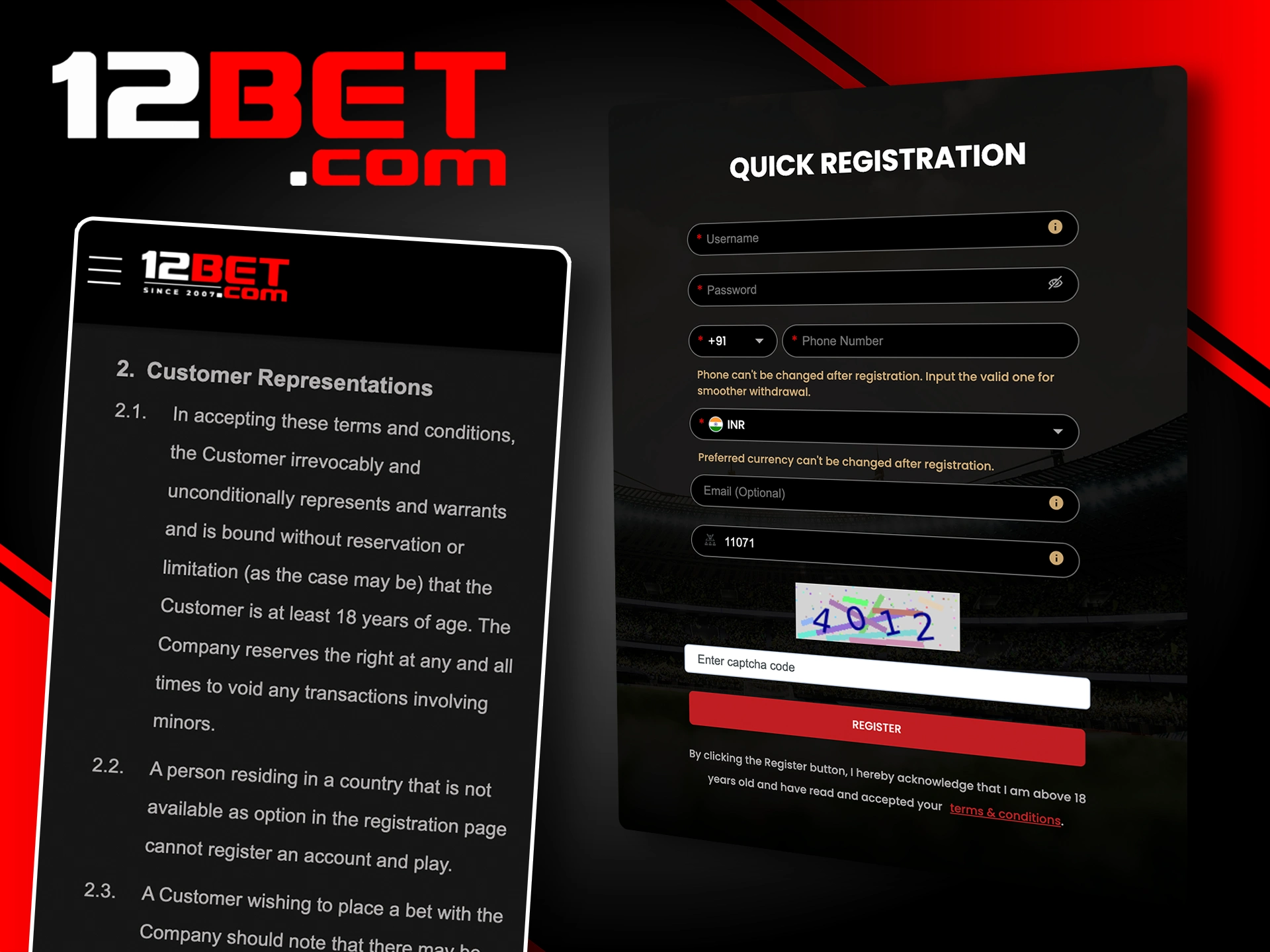 Follow the requirements when registering an account with 12Bet.