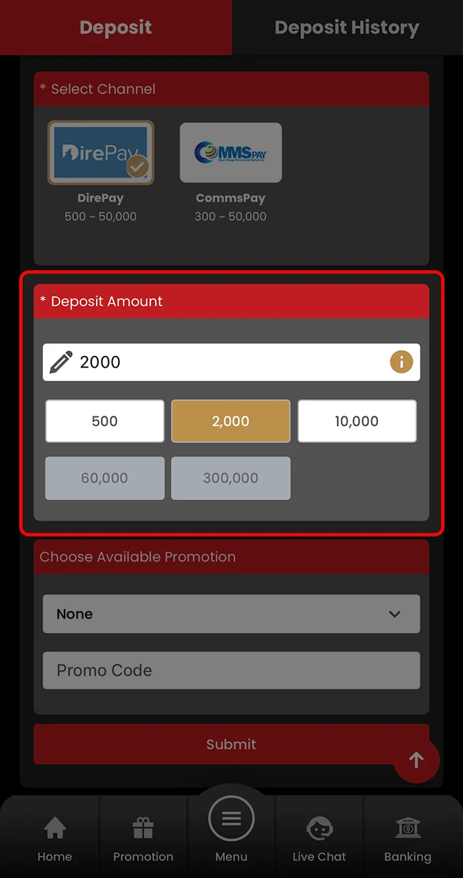 Highlight the amount you want to bet and enter it in the field when depositing on the 12Bet website.