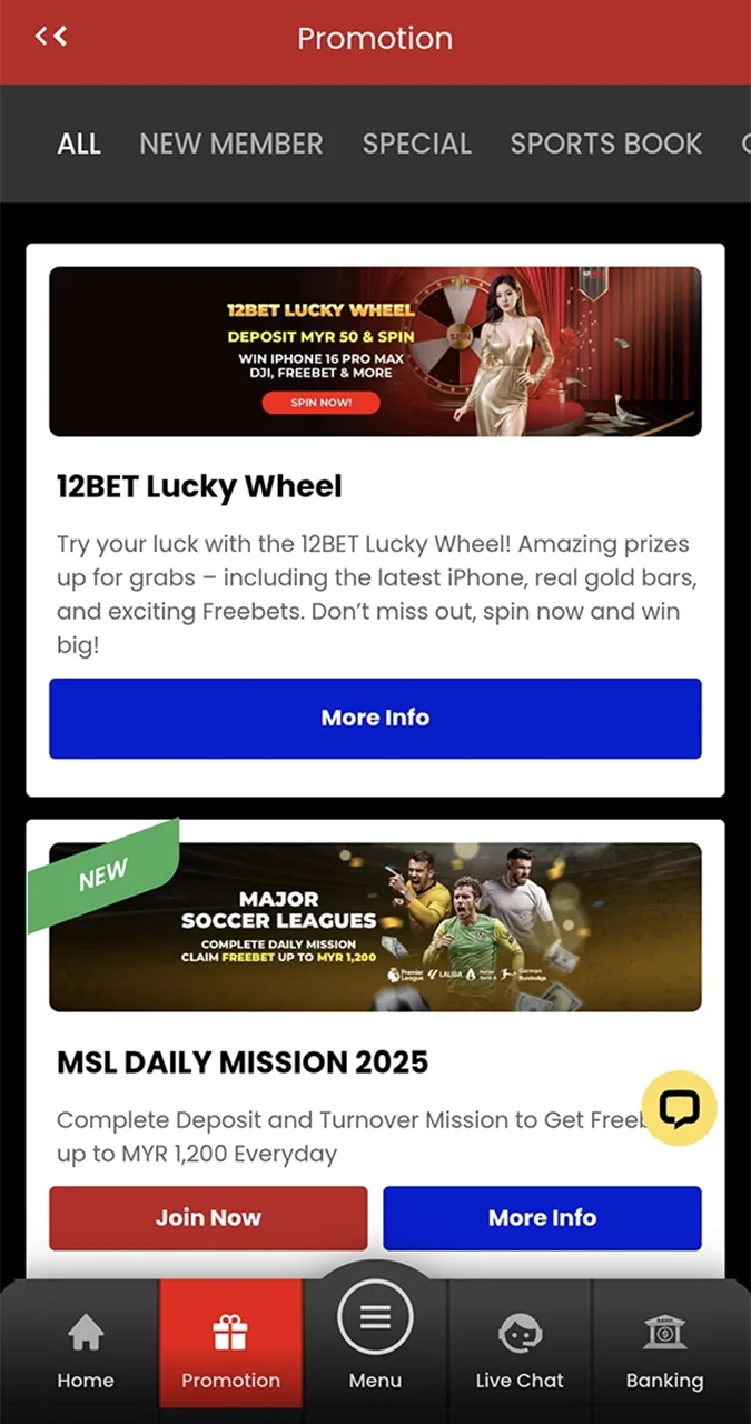 Check out promotions and bonuses in the 12Bet Android app.