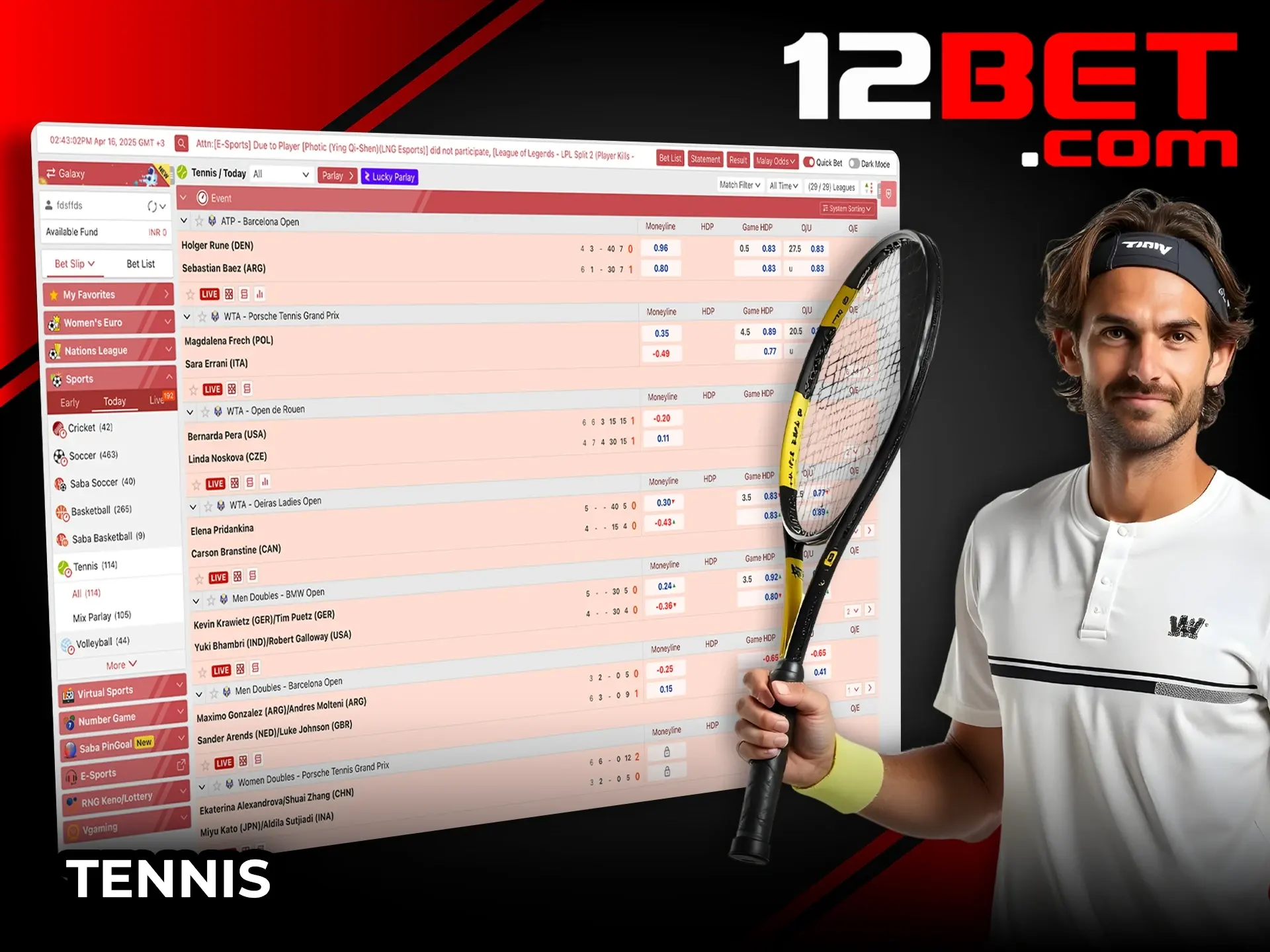 Place a bet on the score or the player's victory in 12Bet tennis matches.