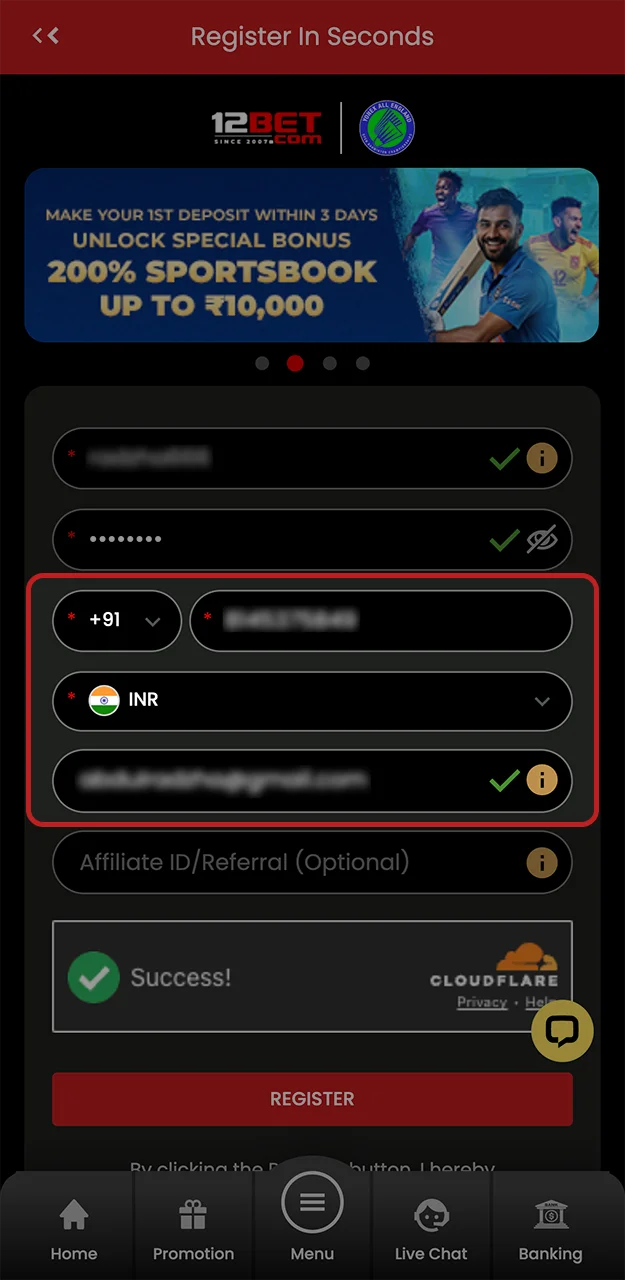Fill in the required fields to sign up for 12Bet.