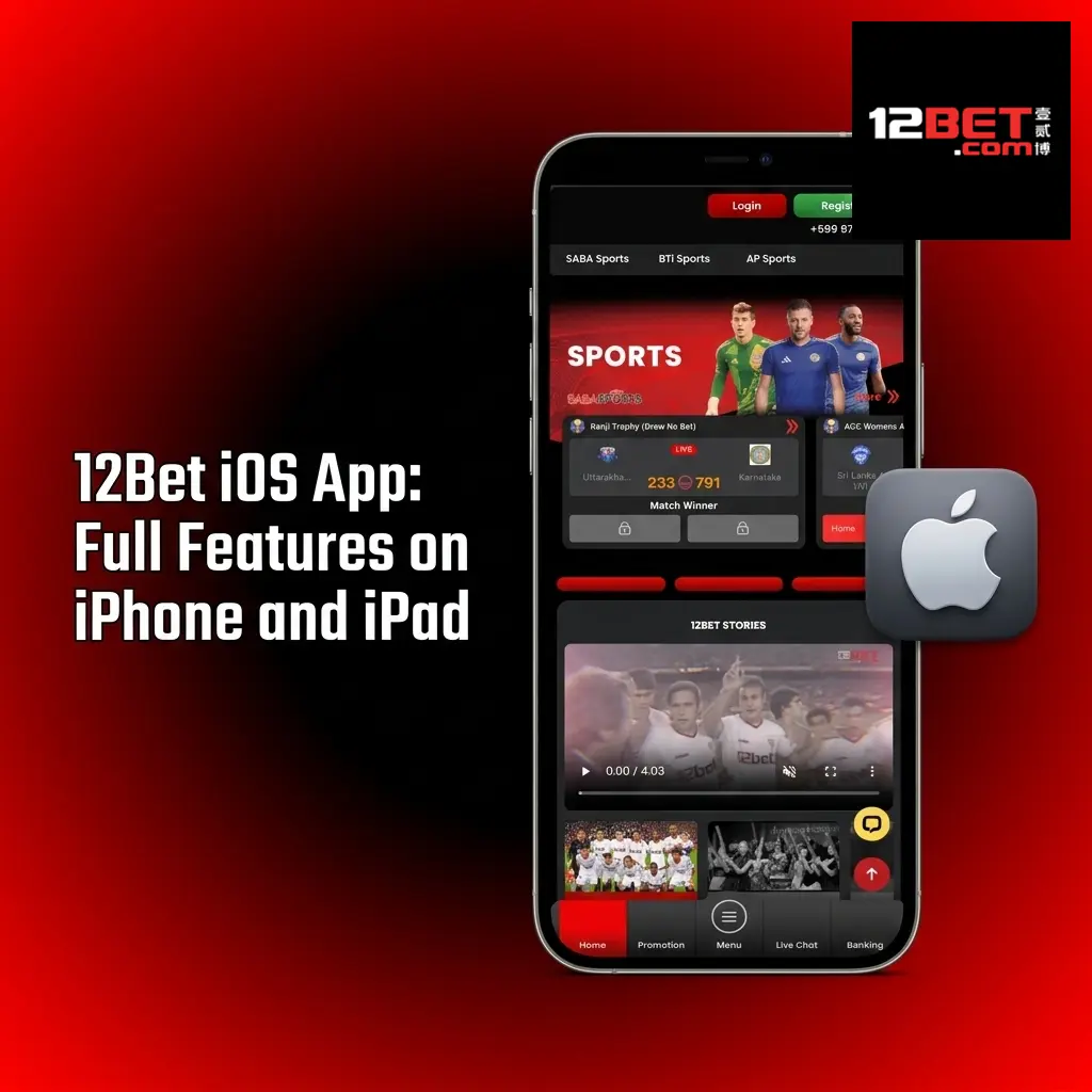 12Bet iOS app displayed on iPhone and iPad showing live betting, casino games, and full platform features