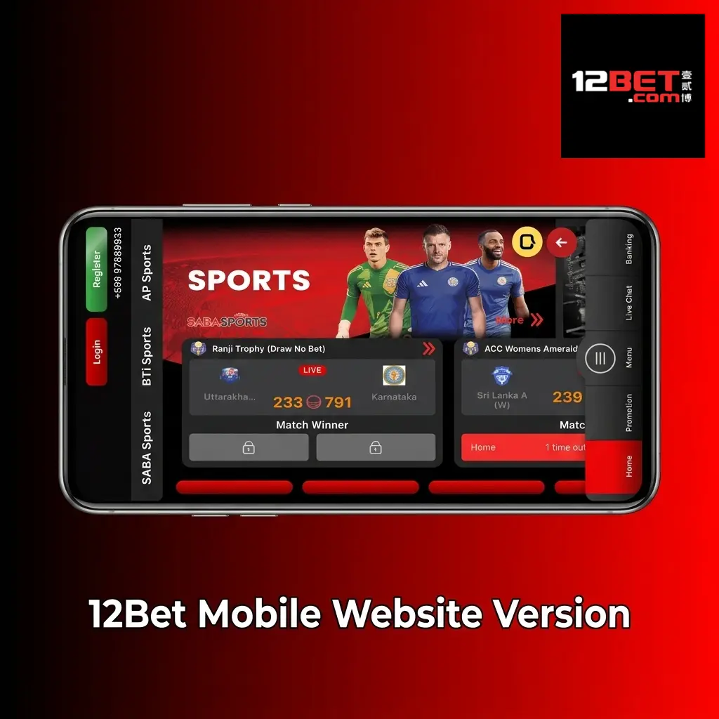 12Bet mobile website on smartphone browser showing sports betting and casino features with live betting and account management