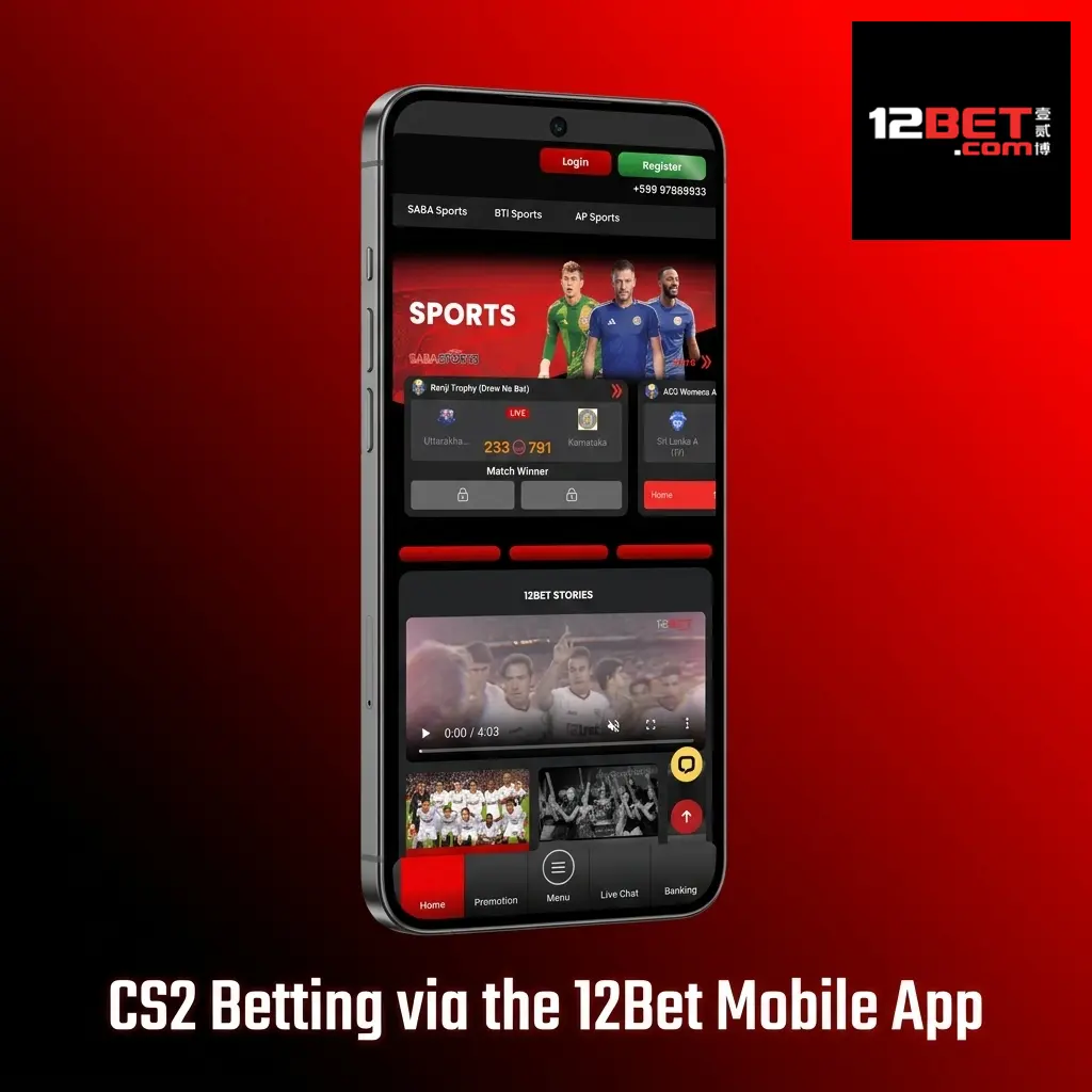 CS2 betting on 12Bet mobile app showing esports tab, live match selection, and bet confirmation on Android smartphone