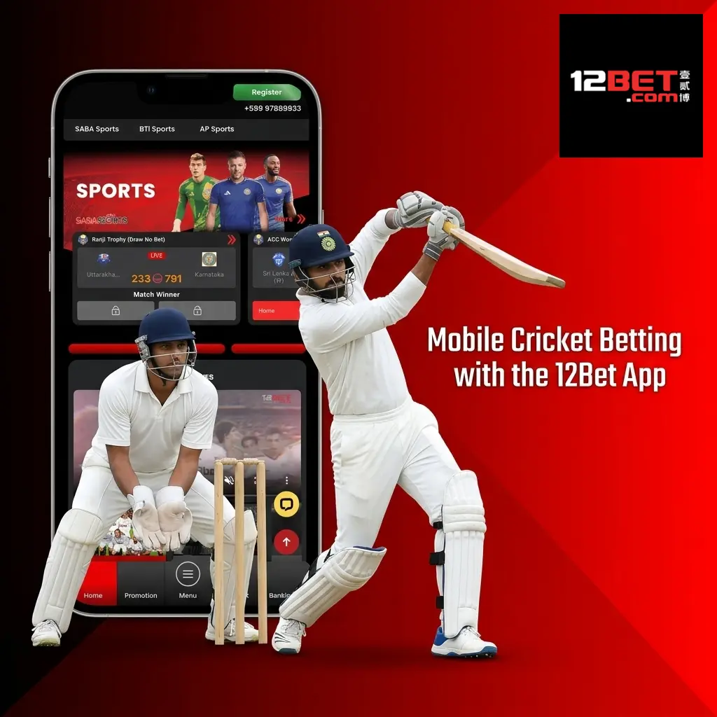 12Bet mobile app interface showing cricket betting options on Android and iOS devices